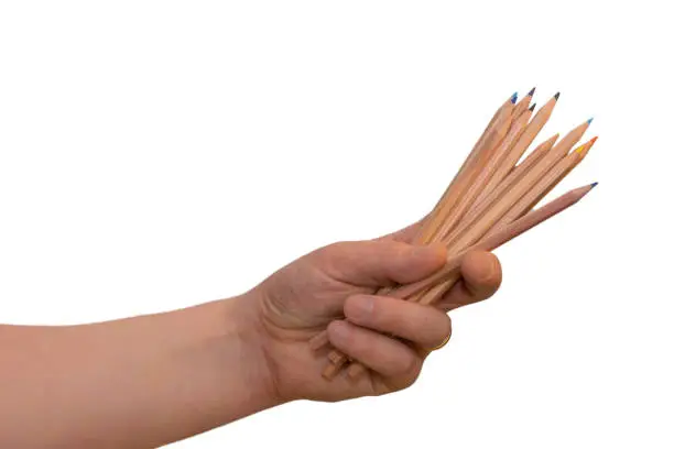 Male caucasian hand holding bunch of pencils in front of white background