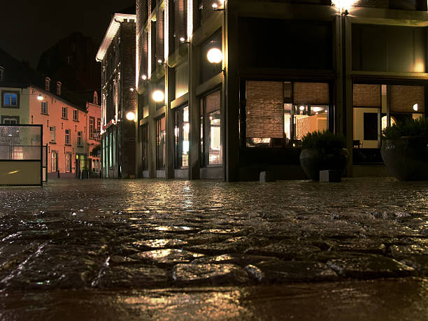 istock Night wet cobblestone road Maastricht. 92030328