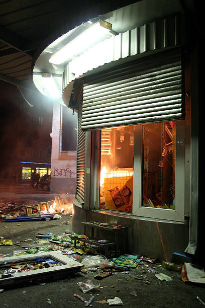 Kiosk after riots stock photo