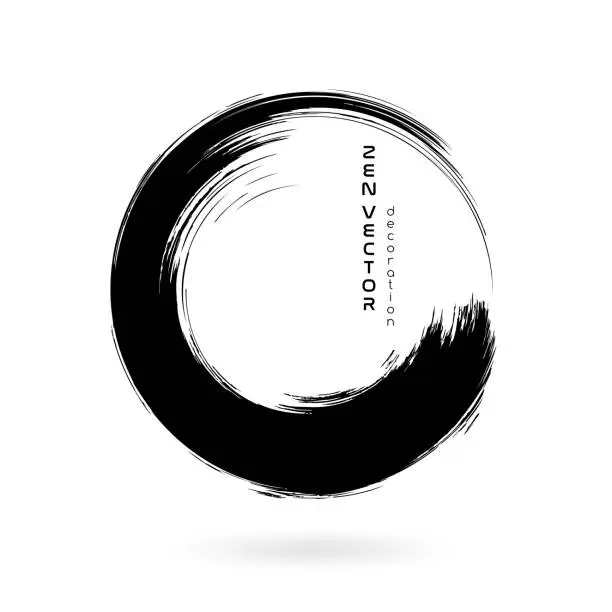 Vector illustration of Ink zen circle emblem. Hand drawn abstract decoration element.