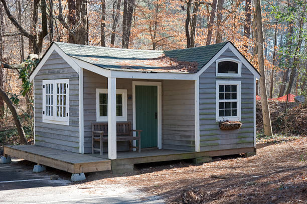 istock Grey Cabin with Green Door 92030777