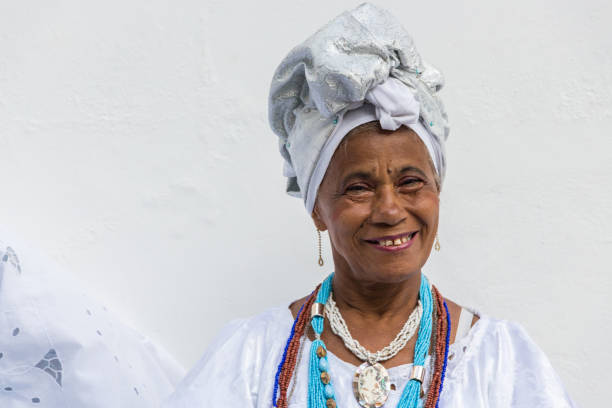 Senior woman with candomble costume at Pelourinho in Salvador Bahia, Brazil. stock photo