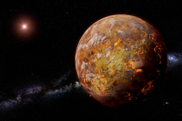 istock alien lava planet with moons lit by a bright star and the galaxy 920324738