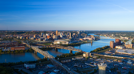 Cincinnati skyline aerial at the golden hour with multiple bridges, the Ohio River, and Covington, Kentucky in the foreground, and Cincinnati, including Downtown Cincinnati, in the background.