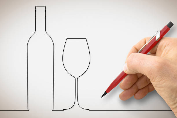 hand drawing a bottle of wine with a wineglass - concept image with a single line design - wineglass red wine wine liquid imagens e fotografias de stock