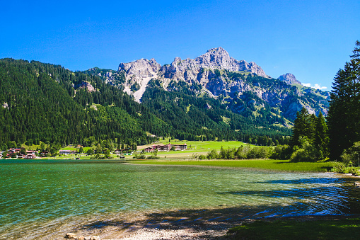 View of the Haldensee and Mountain Einstein, Tannheimer Tal, Tyrol, Austria