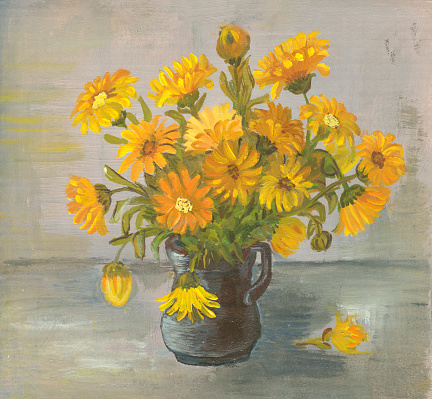 My own square artwork, scanned oil painting representing a bouquet of vibrant yellow flowers  (Calendula officinalis) in a ceramic black vase, on a light green background. These flowers have pharmaceutical use. I am the owner of the copyright.