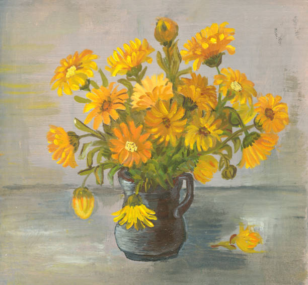 Oil painted yellow flowers arrangement in ceramic black vase. My own square artwork, scanned oil painting representing a bouquet of vibrant yellow flowers (Calendula officinalis) in a ceramic black vase, on a light green background. These flowers have pharmaceutical use. I am the owner of the copyright. bunch of flowers images pictures stock illustrations