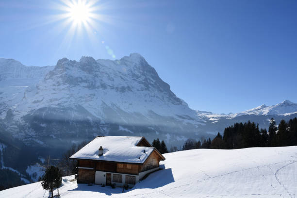 冬のグリンデルヴァルトの伝統的な木造住宅 - mountain rock sun european alps ストックフォトと画像