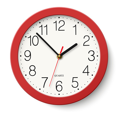 Vector simple classic red round wall clock isolated on white