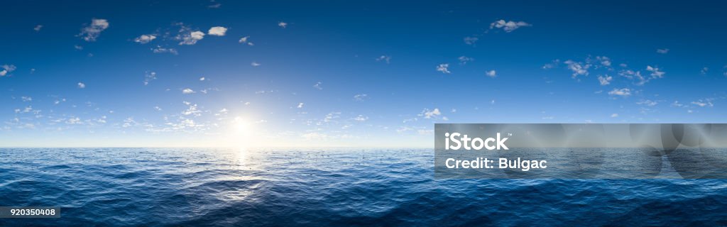 Horizon Over Water Digitally generated panoramic view of endless deep blue ocean with beautiful sky. Sea Stock Photo