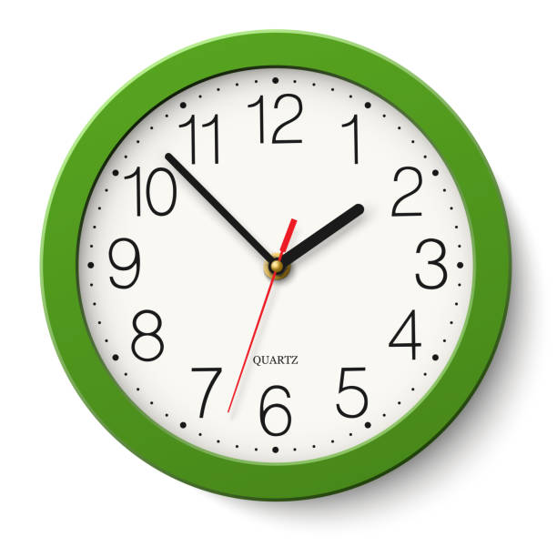 ilustraciones, imágenes clip art, dibujos animados e iconos de stock de reloj de pared redondo verde clásico simple vector aislado en blanco - clock hand