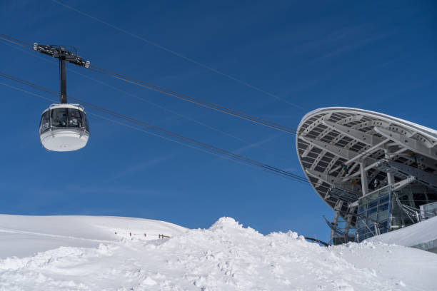 Courmayeur, Italy - January 23, 2018: The cable car (Skyway Monte Bianco) on the Italian side of Mont Blanc massif. The Skyway connects the city of Courmayeur to Pointe Helbronner (3,466 m)
