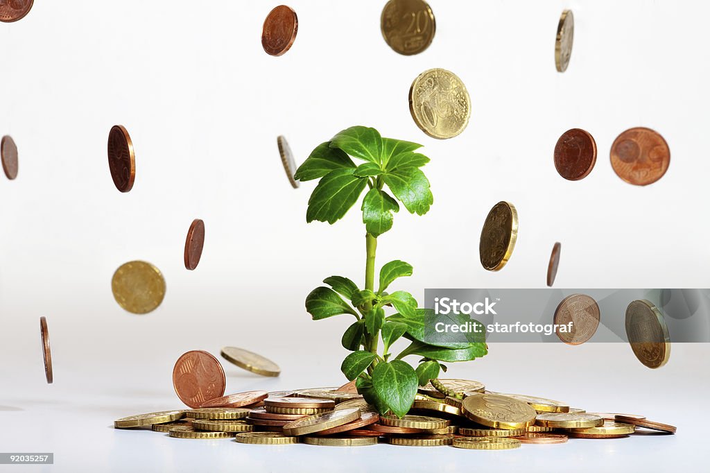 Cultivo de plantas jóvenes con caída de monedas - Foto de stock de Moneda de la Unión Europea libre de derechos