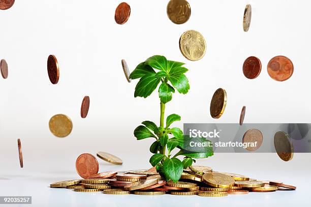 Cultivo De Plantas Jóvenes Con Caída De Monedas Foto de stock y más banco de imágenes de Moneda de la Unión Europea - Moneda de la Unión Europea, Símbolo de Moneda de la Comunidad Europea, Símbolo de céntimo