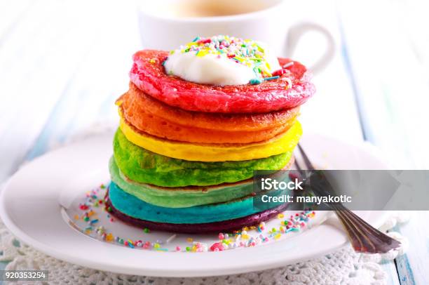 Rainbow Pancakes Served In Pile Stock Photo - Download Image Now - Rainbow, Pancake, Multi Colored