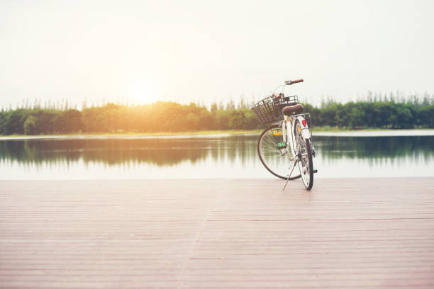 istock Vintage toned of bicycle with basket on empty pier, summer day. 920353912