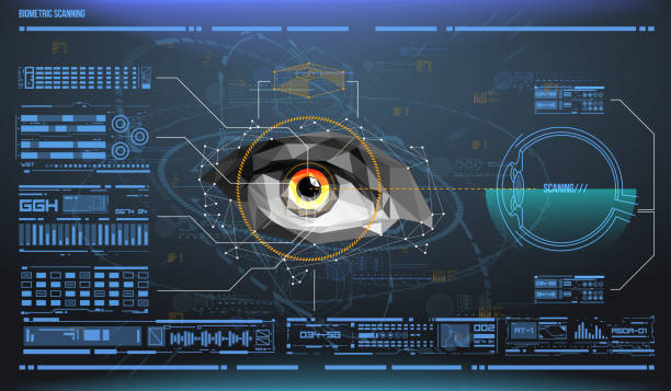 ilustrações, clipart, desenhos animados e ícones de olho no processo de digitalização. biométricas com interface futurista do hud. controle e segurança em acessos. sistema de vigilância, tecnologia imersiva - retina display illustrations