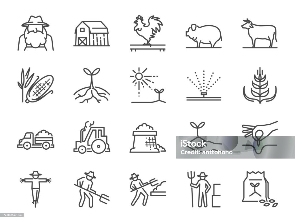 Farm and agriculture line icon set. Included the icons as farmer, cultivation, plant, crop, livestock, cattle, farm, barn and more. Icon Symbol stock vector