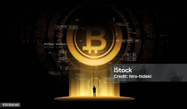 Bitcoin Illustration Concept Futuristic Digital Money Technology Worldwide Network Concept Small Man Looks At A Huge Futuristic Hologram Stock Illustration - Download Image Now