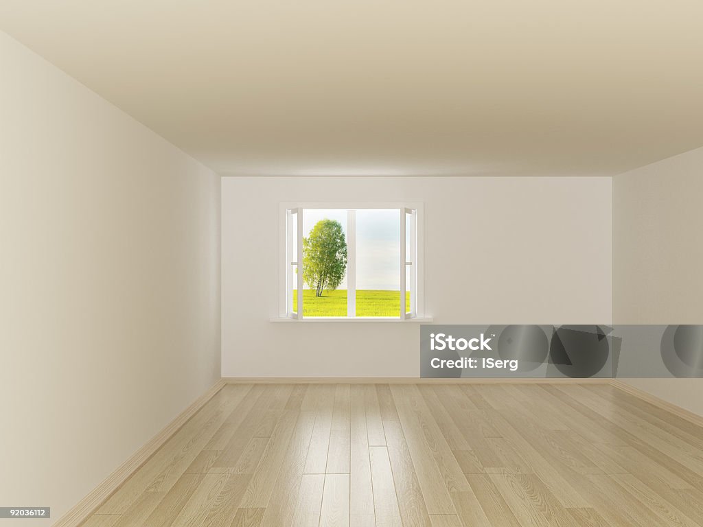 Habitación vacía. Paisaje detrás de la ventana abierta. 3 D imagen - Foto de stock de Abedul libre de derechos