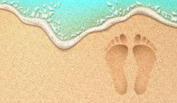 Vector realistic human footprint on sea beach sand Beach sand footprint ocean coast sea azure wave with bubble. Vector realistic illustration. Tropical travel, summer vacation holiday paradise resort background template. Human steps on shore beach sand stock illustrations