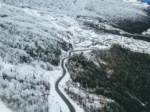 istock mountain landscape road between snowy forest trees 920367984