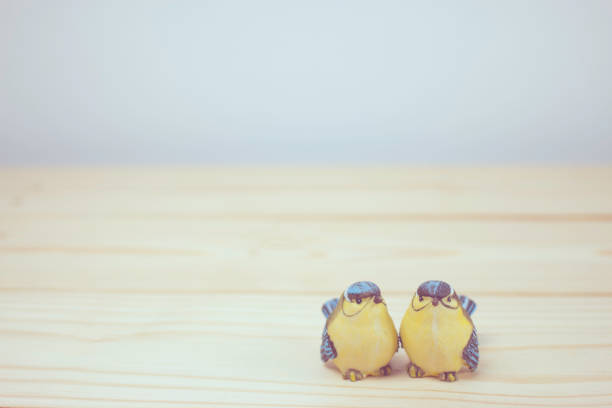 a little two ceramic birds on wooden table. focus on bird