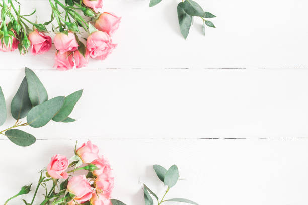 istock Eucalyptus branches and pink rose flowers. Flat lay, top view 920370690