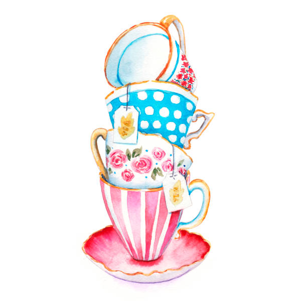 ilustraciones, imágenes clip art, dibujos animados e iconos de stock de montón de tazas de té en la en un platillo. pintura de la acuarela - tea cup
