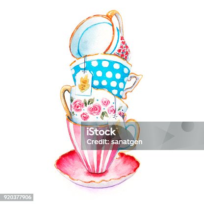 istock Bunch of tea cups in the on a saucer. Watercolor painting 920377906