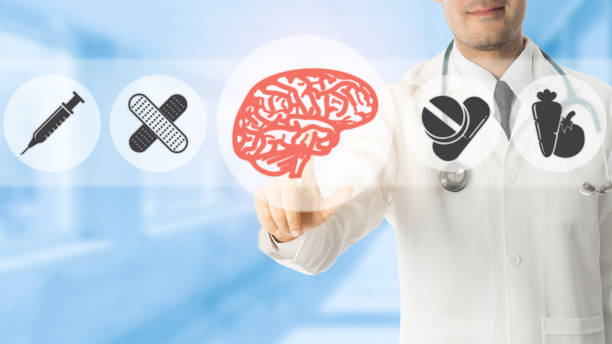 istock Psychologist Doctor Pointing at Brain Symbol Icon 920382036