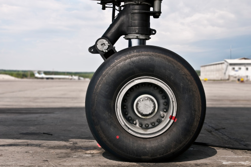 Higly detailed shot of airplane front wheel