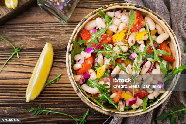 White Bean Cannellini Salad Vegan Salad Diet Menu Flat Lay Top View Stock Photo - Download Image Now