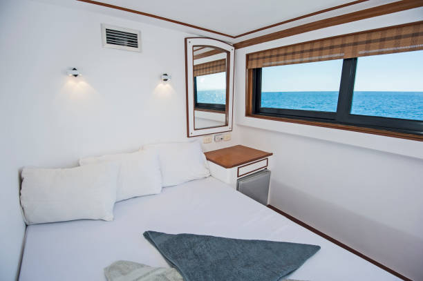 Cabin in a luxury private motor yacht stock photo