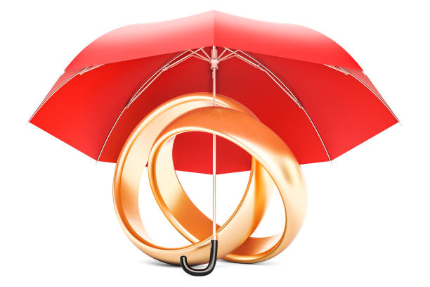 Wedding rings under umbrella, protection of marriage concept. 3D rendering isolated on white background