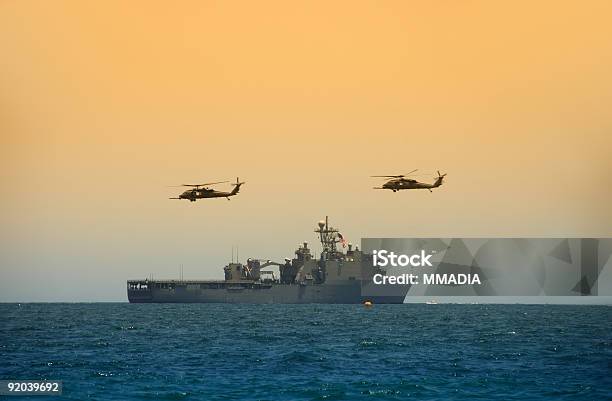 Helicopeters Hovering Over Navy Ship Stock Photo - Download Image Now - Military Ship, Navy, Military