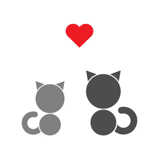 Silhouettes Of Two Sitting Cats Looking At Red Heart Pets Love