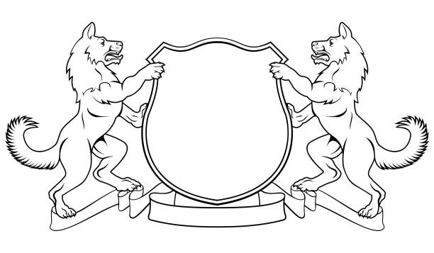 개는 팔의 외 투 문장 학 방패를 파고 - coat of arms insignia retro revival certified stock illustrations