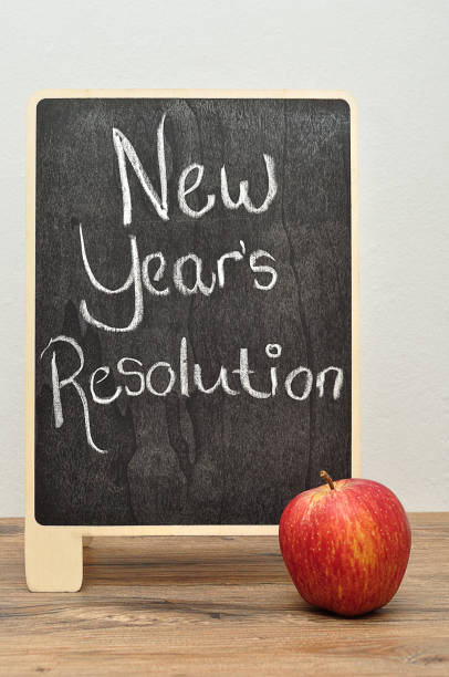 istock A black board with the words new years resolution and an apple 920402558