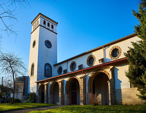 Principal facade Eglise Sainte Anne church of Hendaye. Aquitaine, Pyrenees Atlantiques, France.
