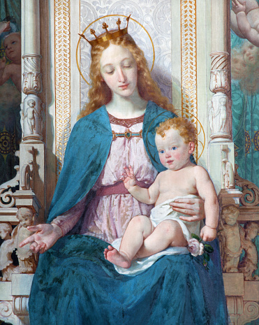 Turin - The detail of painting of Madonna with the saints in church Chiesa di San Filippo Neri by Enrico Reffo (1891).