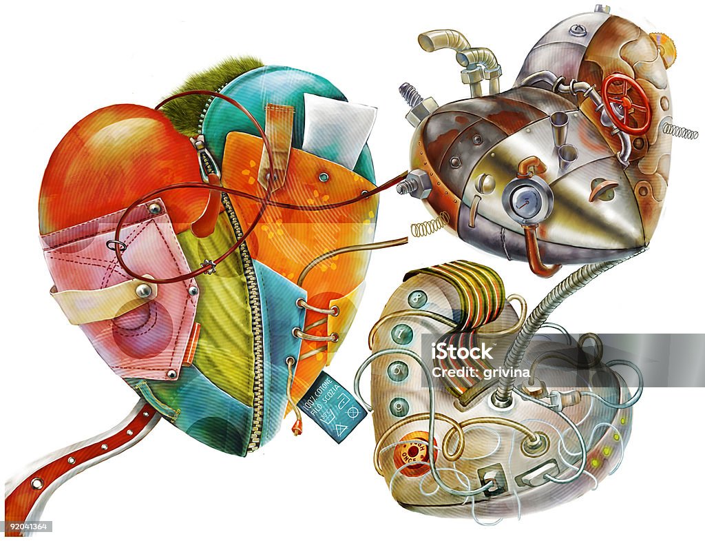 hearts' material illustration of fabric, metal and plastic hearts. Steampunk stock illustration