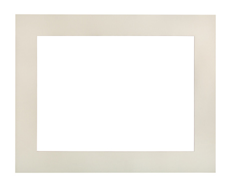 wide flat dirty white passe-partout for picture frame with cut out canvas isolated on white background