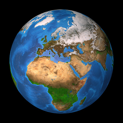 Realistic satellite view of planet Earth in high resolution, focused on Europe, Africa and Asia. 3D illustration (composed with Blender software), isolated on black. Elements of this image furnished by NASA (http://eoimages.gsfc.nasa.gov/images/imagerecords/73000/73655/world.topo.bathy.200404.3x5400x2700.jpg)
