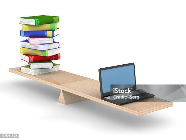 Livros E Laptop Em Tabelas Imagem 3d Isolada - Fotografias de stock e mais imagens de Acima - Acima, Amontoar, Aprender