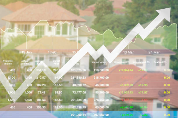 Business finance index data of real estate stock background rising up with high budget investment. stock photo
