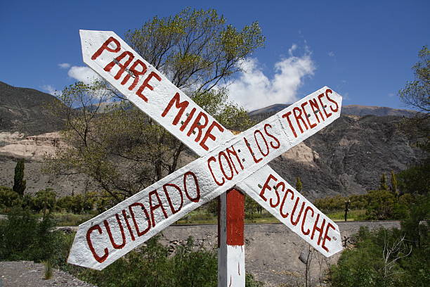istock caution sign for train crossing in South America 92042421