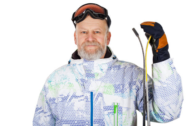 istock Man holding skis on isolated 920424846
