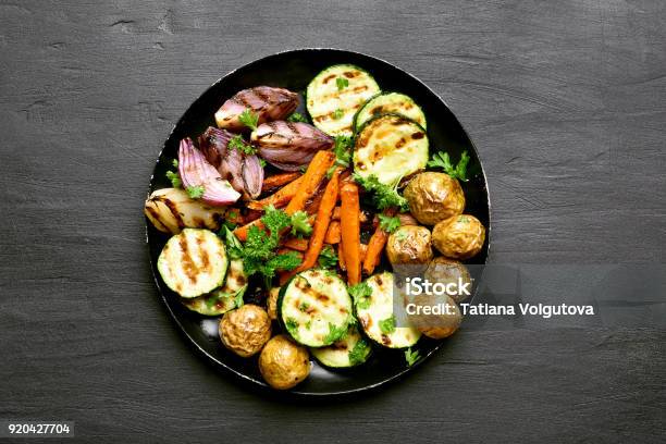 Roasted Vegetables Stock Photo - Download Image Now - Vegetable, Plate, Grilled